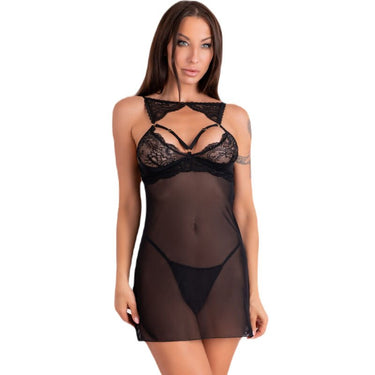 Camicia da Notte Krolina in Rete Trasparente e Pizzo, Set Sexy Nero